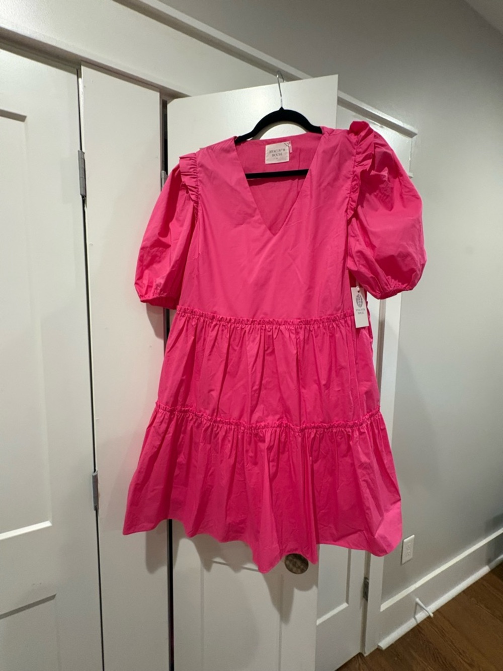 Puff-Sleeve Tiered Mini Dress in Hot Pink - Picture 3 of 5